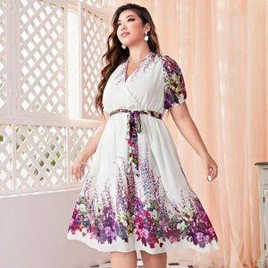 Floral Print Surplice Neck Belted Chiffon Dress